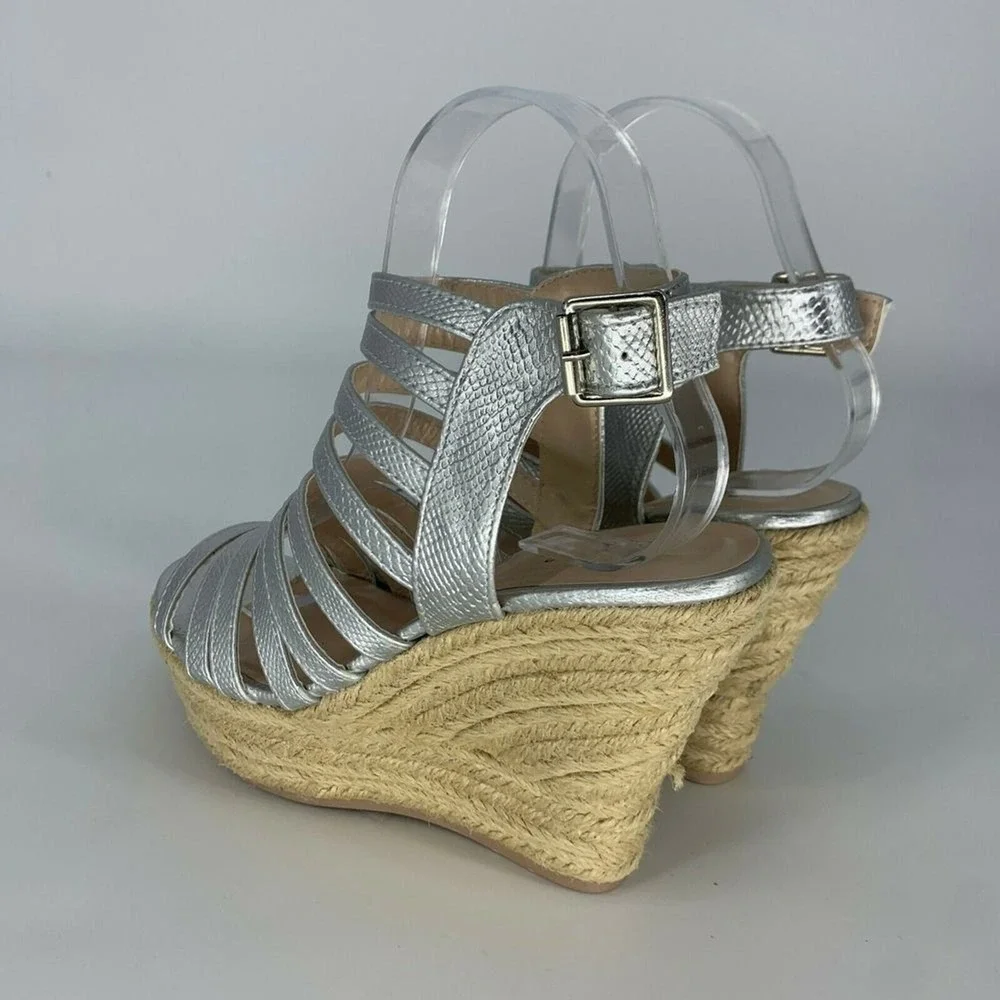 QUPID Cage Open Toe Wedges Sandals Slingback Heels Silver Size 7.5 Rattan Wicker